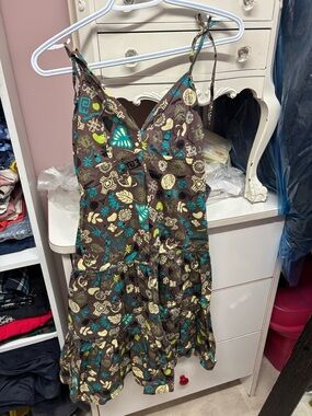 Brown Floral Tiered Mini Dress with Teal Accents